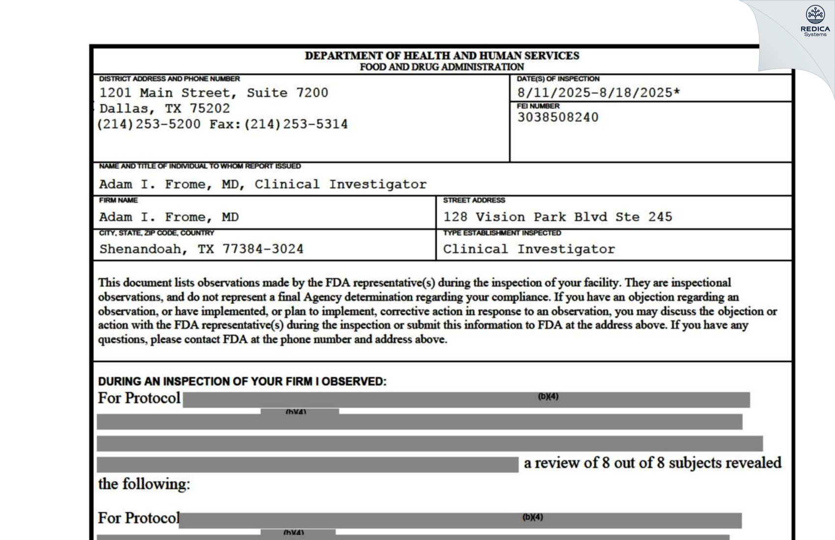 FDA 483 - Adam Frome [Shenandoah / United States of America] - Download PDF - Redica Systems