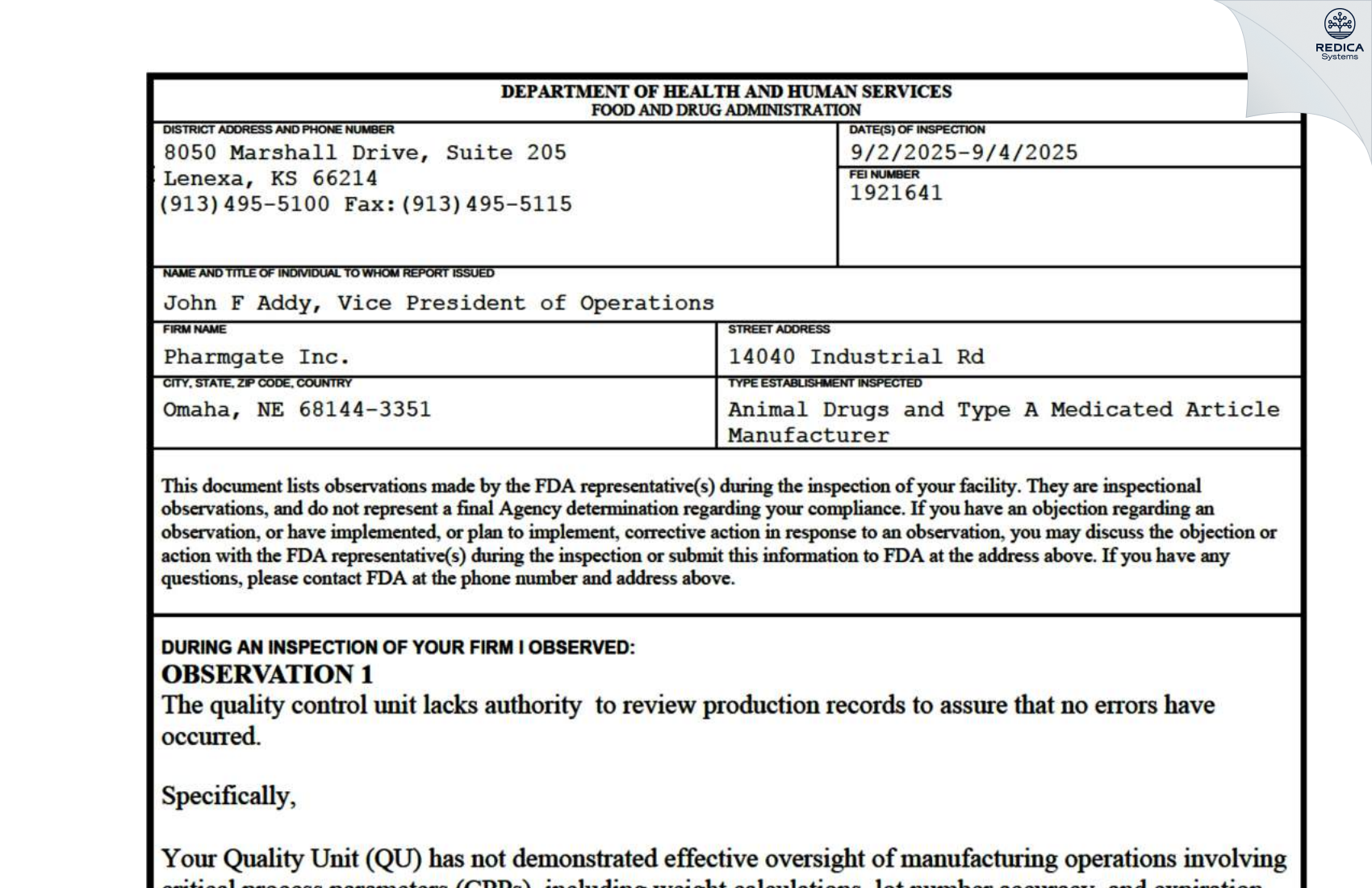 FDA 483 - Pharmgate Inc. [Omaha / United States of America] - Download PDF - Redica Systems