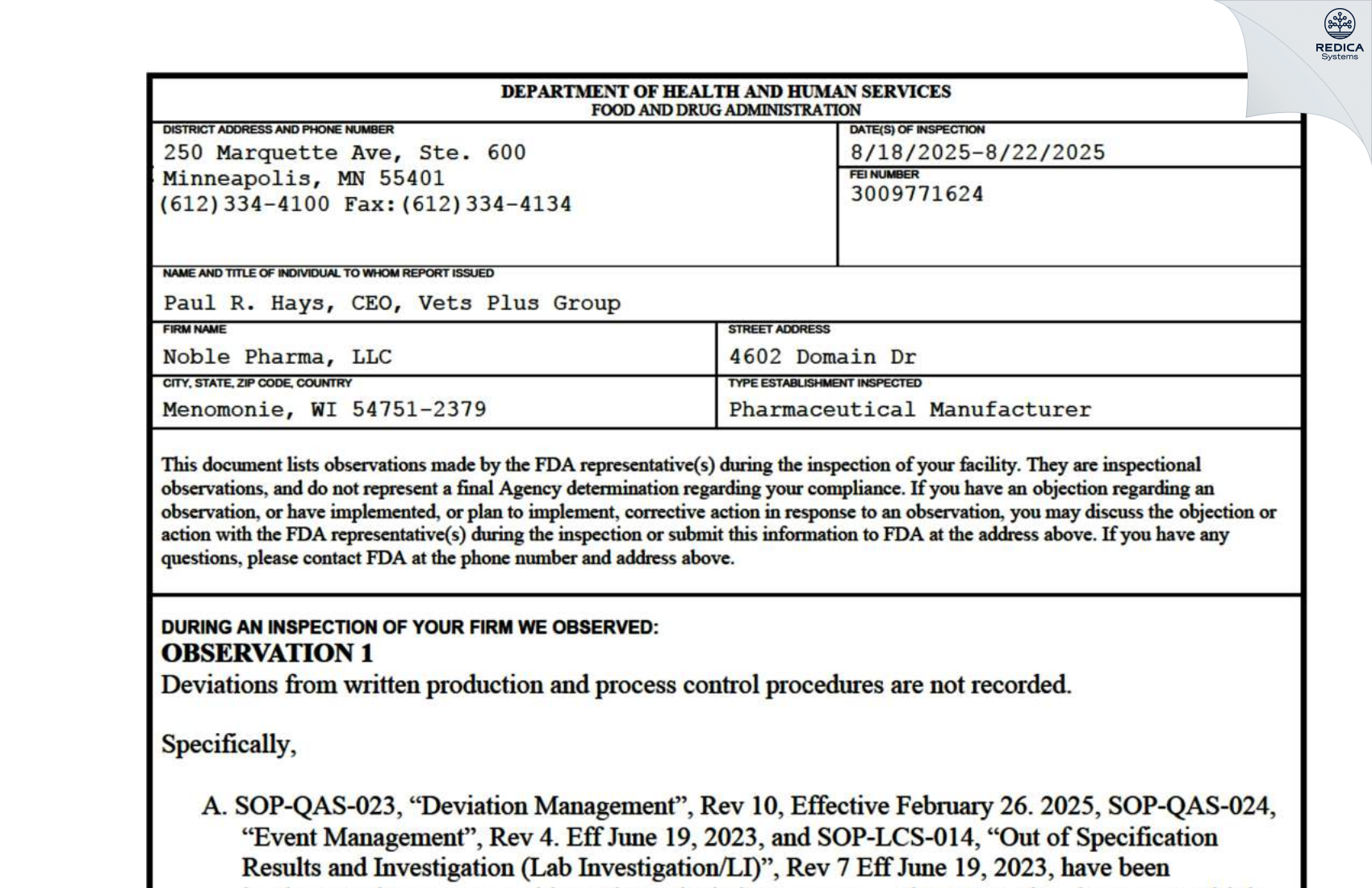 FDA 483 - Noble Pharma, LLC [Menomonie / United States of America] - Download PDF - Redica Systems