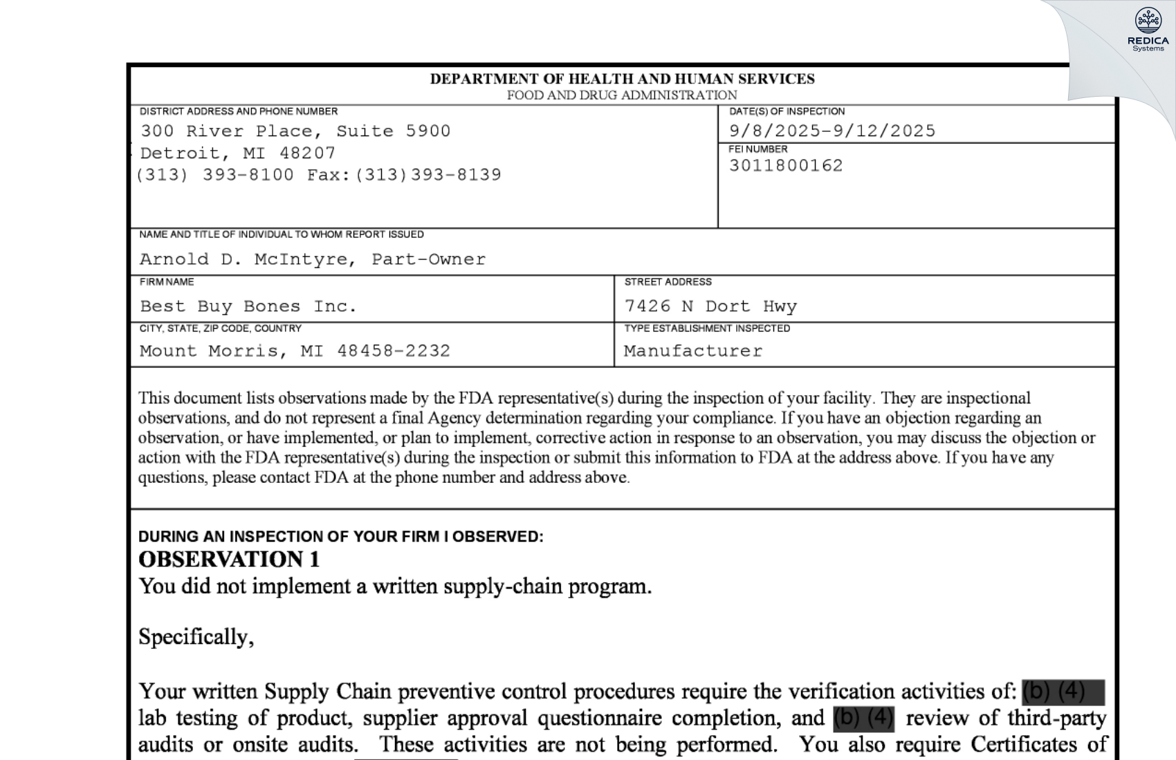 FDA 483 - Best Buy Bones Inc. [Mount Morris / United States of America] - Download PDF - Redica Systems