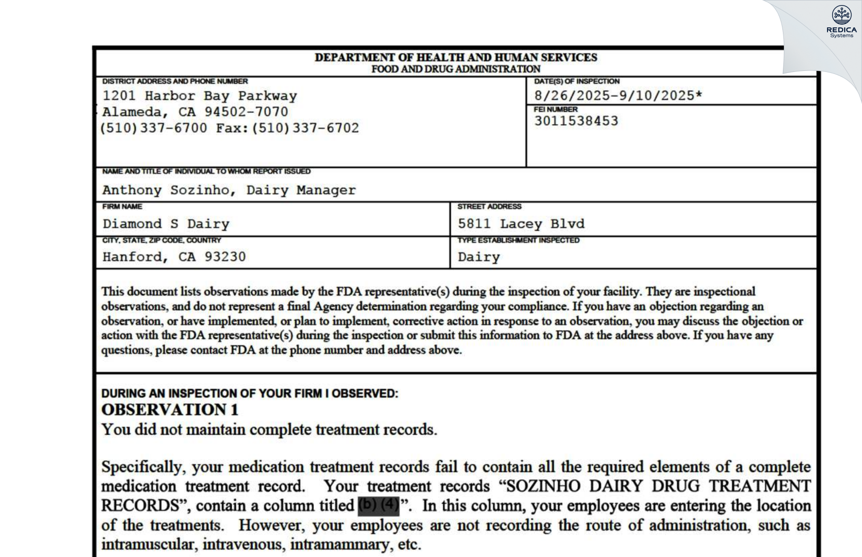 FDA 483 - Diamond S Dairy [Hanford / United States of America] - Download PDF - Redica Systems