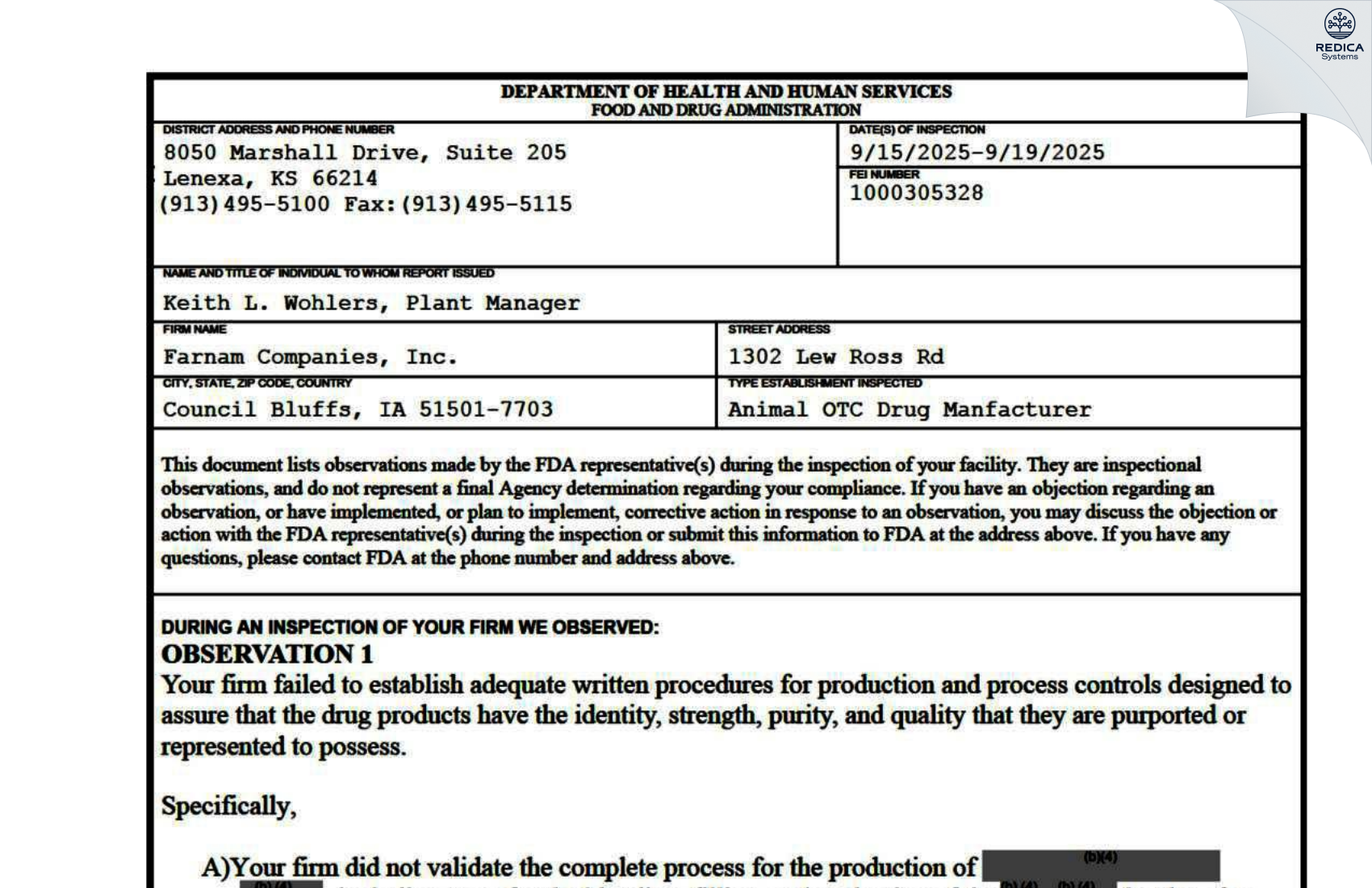 FDA 483 - Farnam Companies Inc [Council Bluffs / United States of America] - Download PDF - Redica Systems