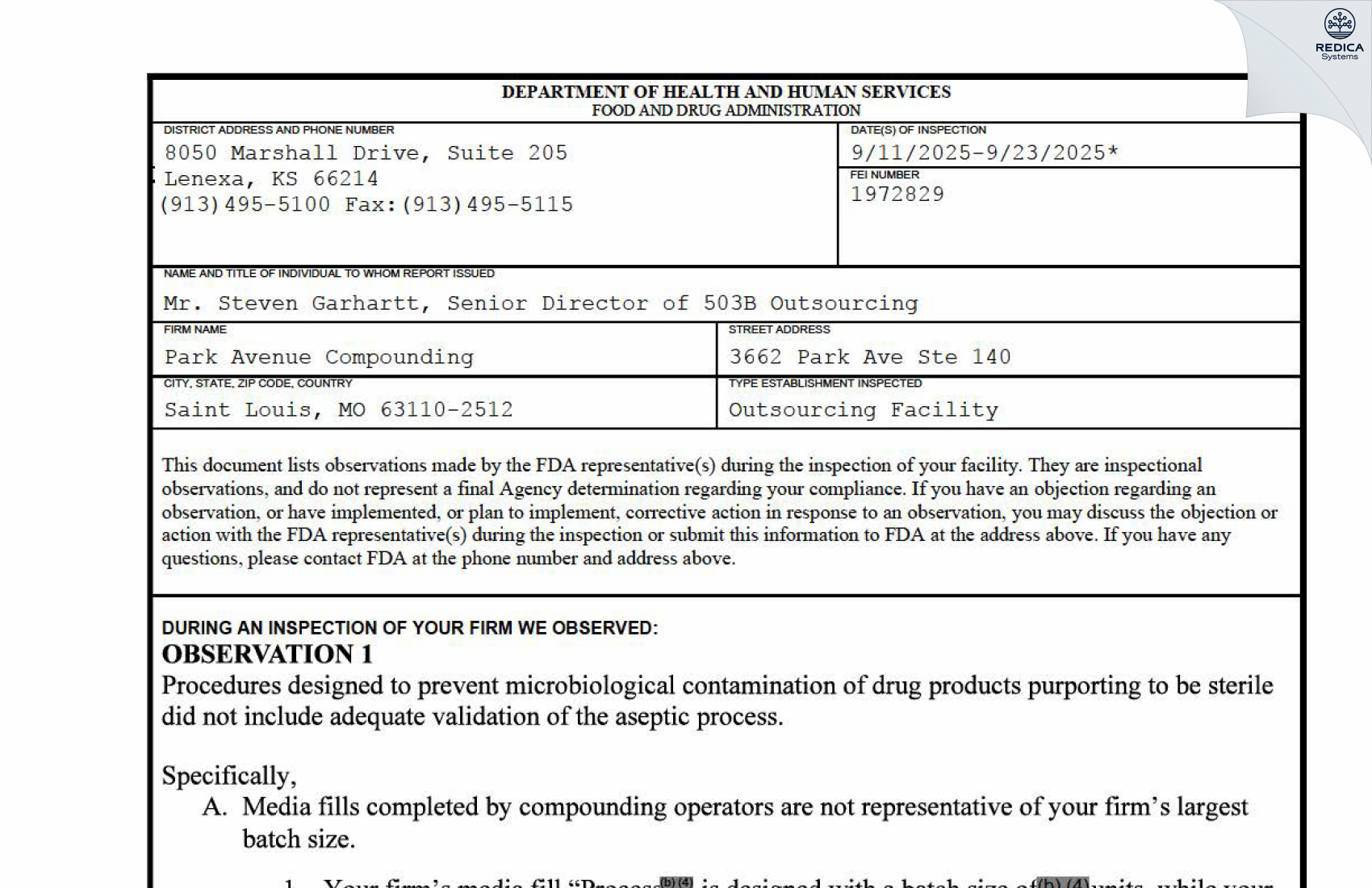 FDA 483 - SSM Health Care St. Louis DBA SSM St. Clare Health Center [Fenton / United States of America] - Download PDF - Redica Systems
