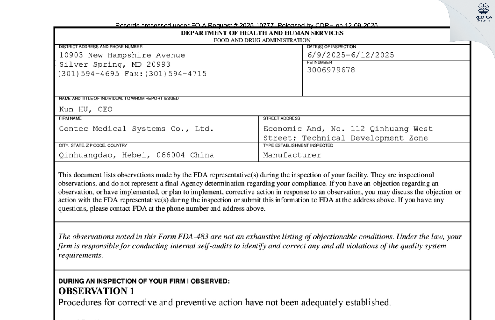 FDA 483 - CONTEC MEDICAL SYSTEMS CO., LTD [Qinhuangdao / China] - Download PDF - Redica Systems