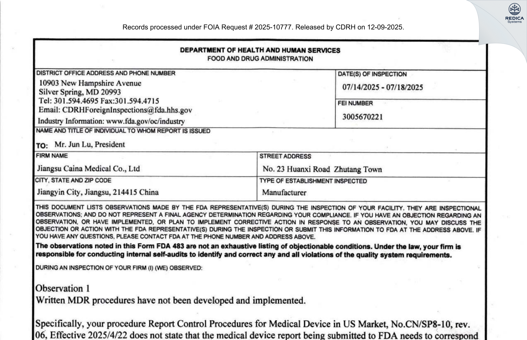 FDA 483 - Jiangsu Caina Medical Co., Ltd [Jiangyin / China] - Download PDF - Redica Systems