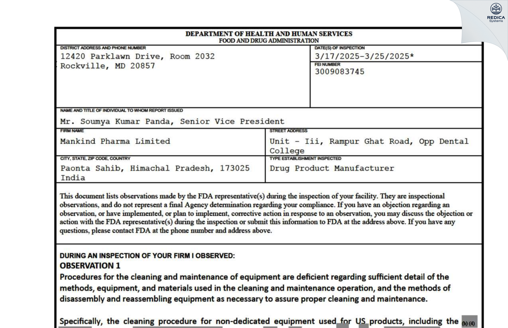 FDA 483 - Mankind Pharma Limited [Paonta Sahib / India] - Download PDF - Redica Systems