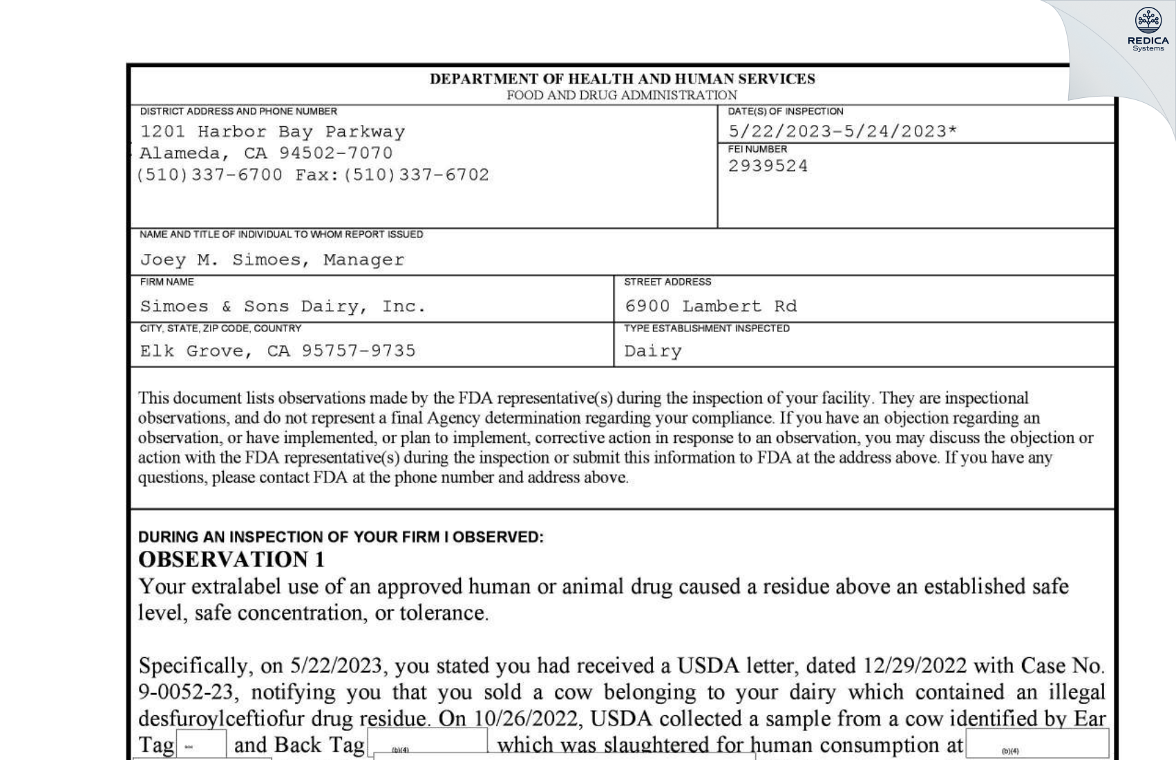 FDA 483 - Simoes & Sons Dairy, Inc. [Elk Grove / United States of America] - Download PDF - Redica Systems