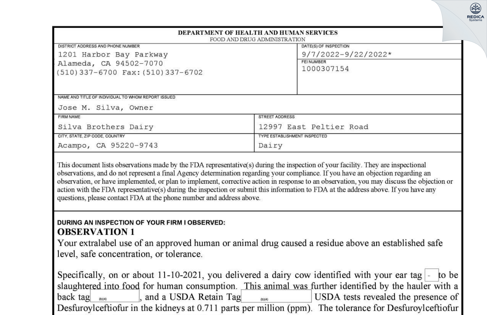 FDA 483 - Silva Brothers Dairy [Acampo / United States of America] - Download PDF - Redica Systems