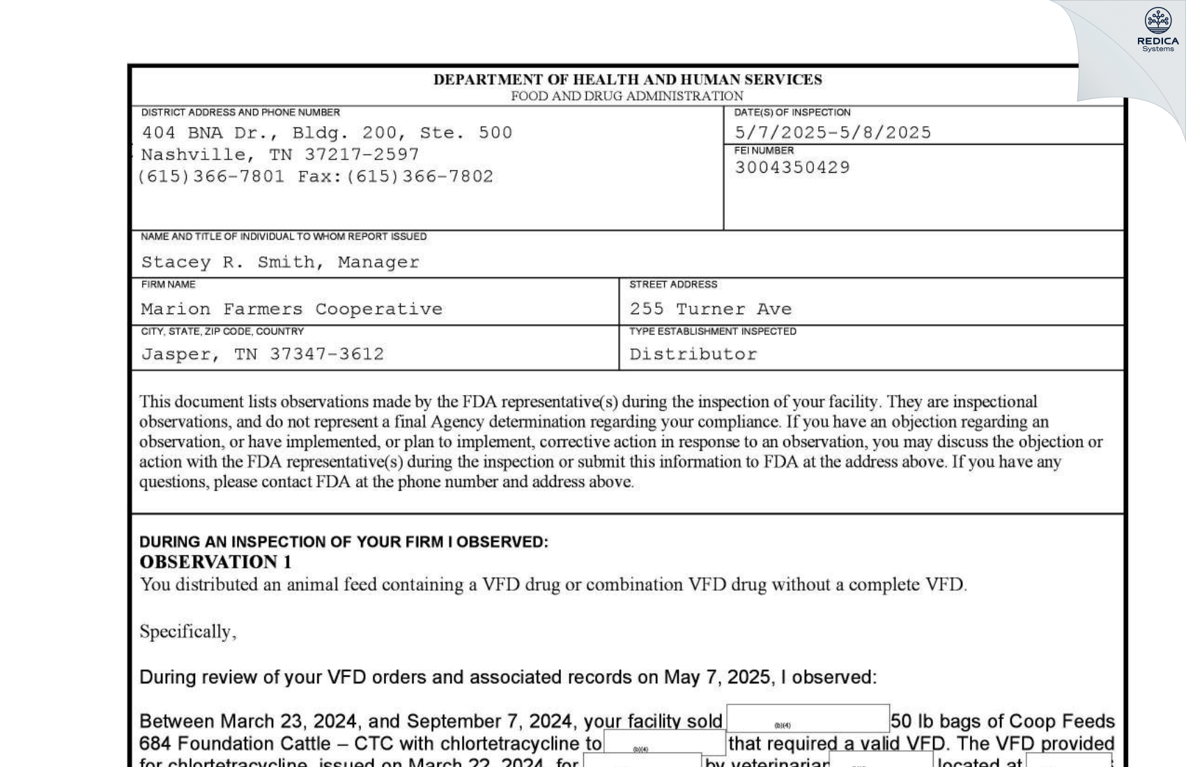 FDA 483 - Marion Farmers Cooperative [Jasper / United States of America] - Download PDF - Redica Systems