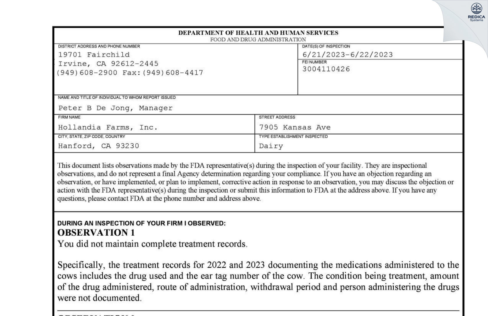 FDA 483 - Hollandia Farms, Inc. [Hanford / United States of America] - Download PDF - Redica Systems