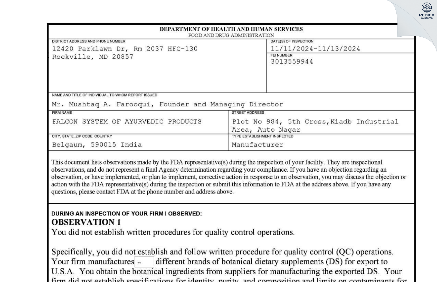 FDA 483 - FALCON SYSTEM OF AYURVEDIC PRODUCTS [Belagavi / India] - Download PDF - Redica Systems