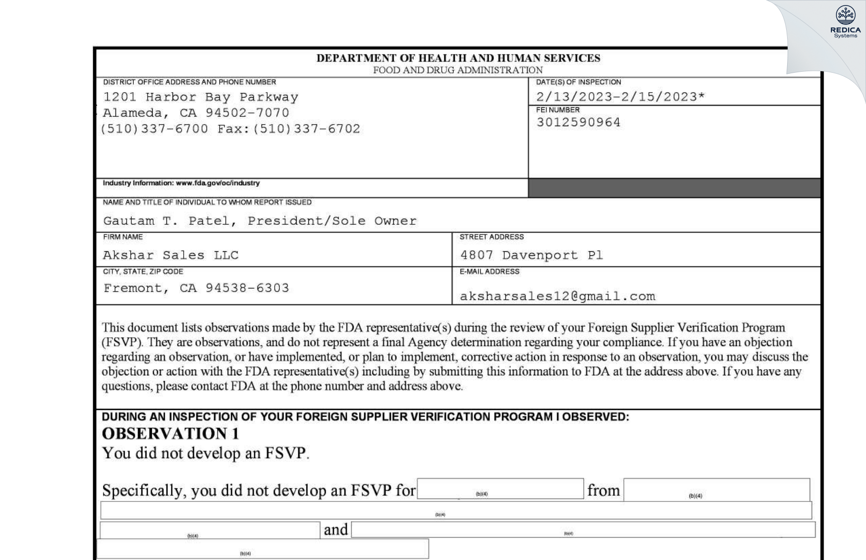 FDA 483 - Akshar Sales LLC [Fremont / United States of America] - Download PDF - Redica Systems