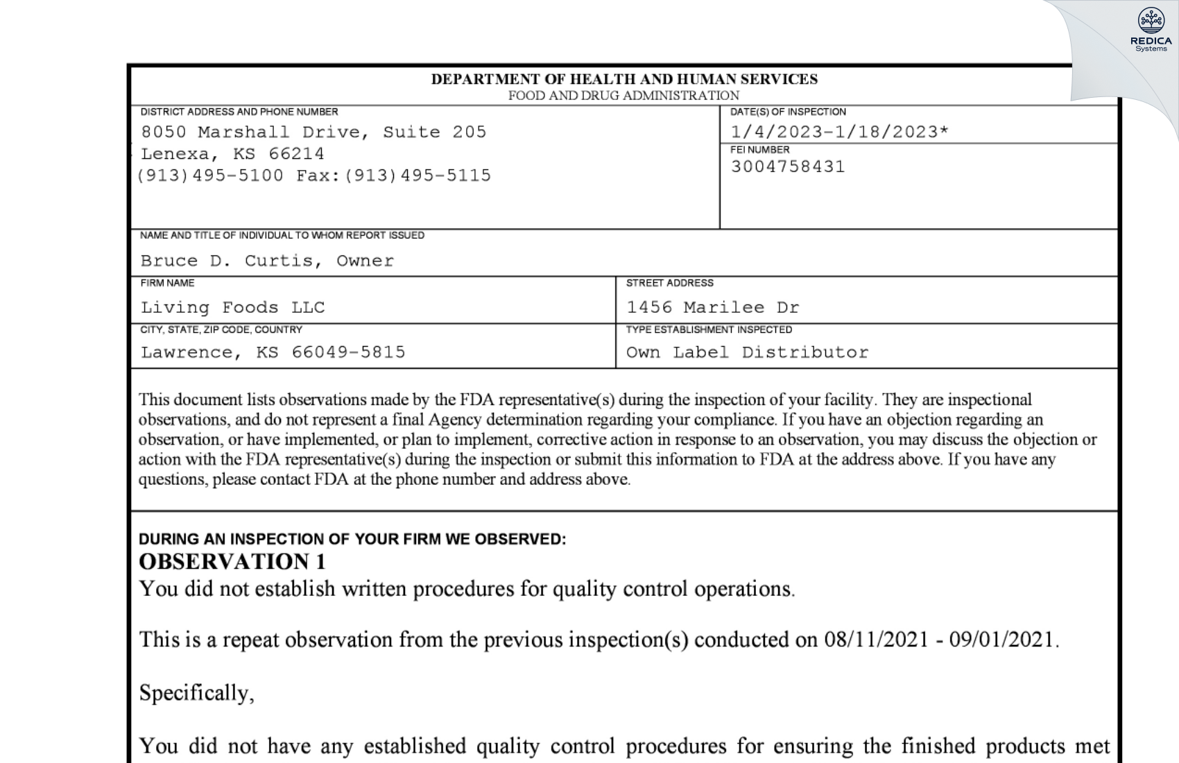 FDA 483 - Living Foods LLC [Lawrence / United States of America] - Download PDF - Redica Systems