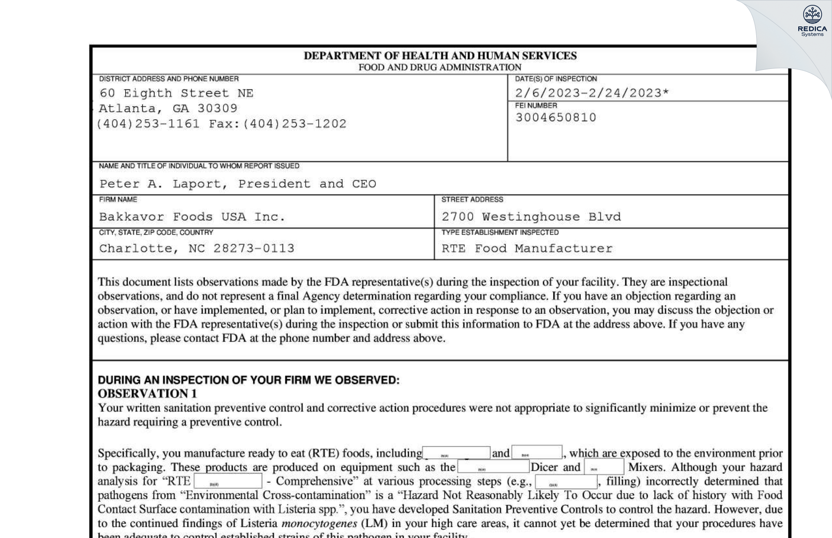 FDA 483 - Bakkavor Foods USA Inc. [Charlotte / United States of America] - Download PDF - Redica Systems
