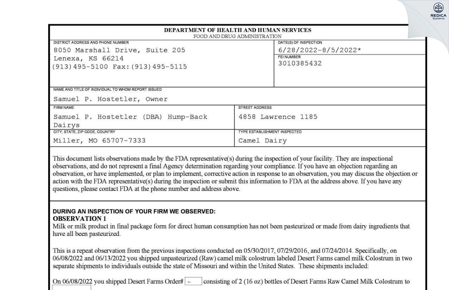 FDA 483 - Samuel P. Hostetler (DBA) Hump-Back Dairys [Miller / United States of America] - Download PDF - Redica Systems