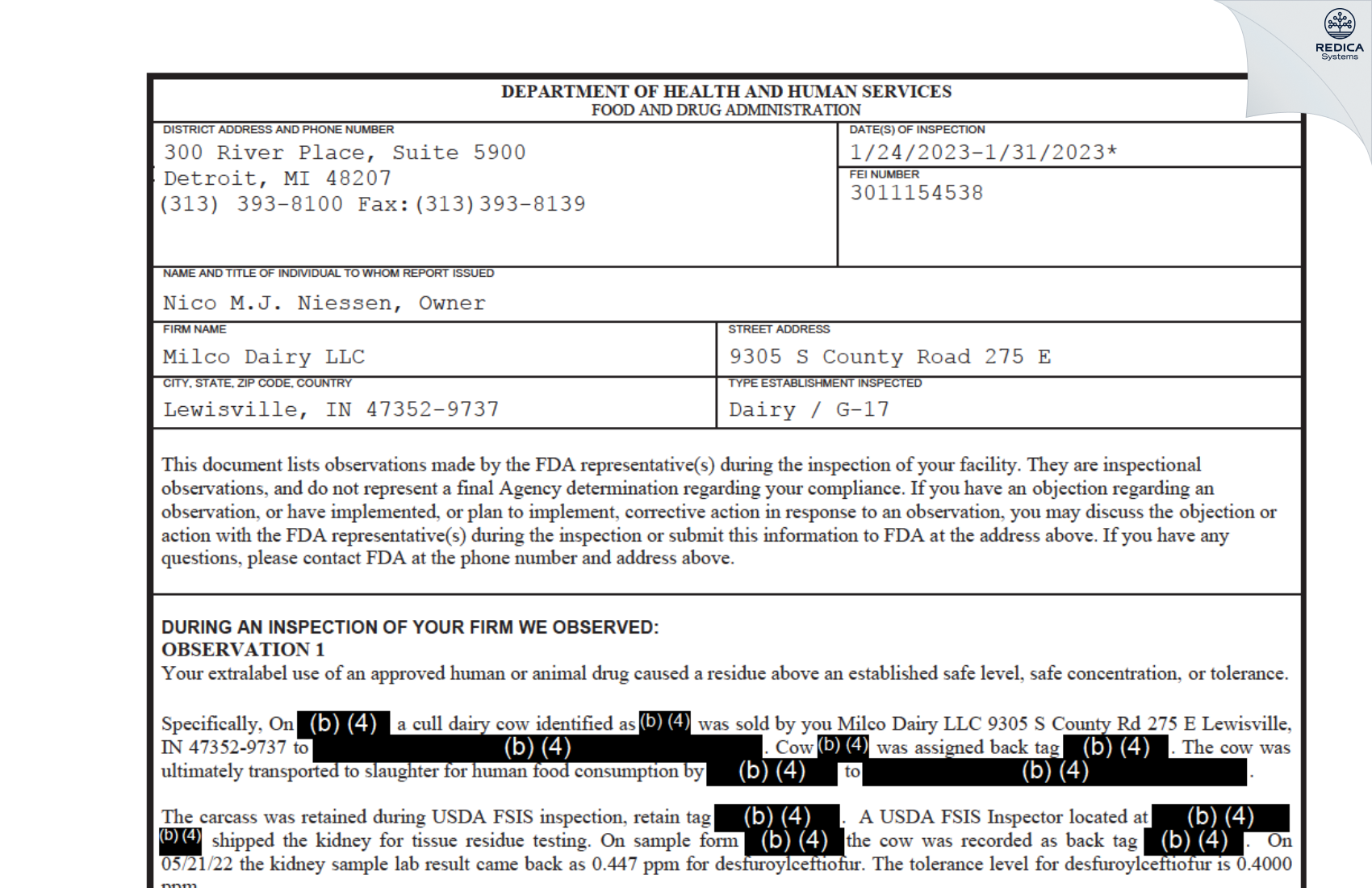 FDA 483 - Milco Dairy LLC [Lewisville / United States of America] - Download PDF - Redica Systems