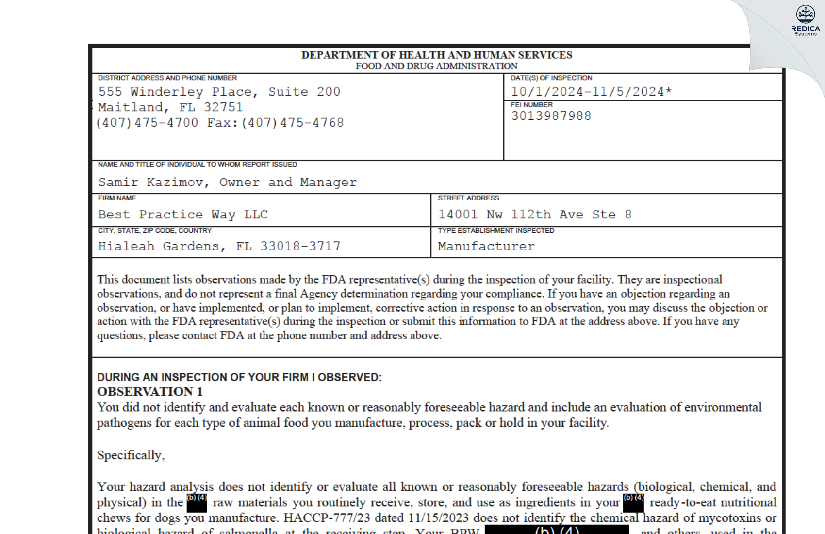 FDA 483 - Best Practice Way LLC [Hialeah / United States of America] - Download PDF - Redica Systems