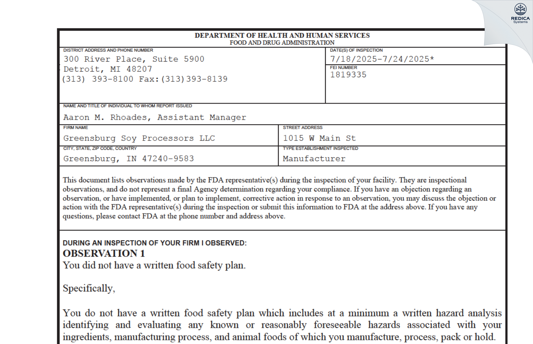 FDA 483 - Greensburg Soy Processors LLC [Greensburg / United States of America] - Download PDF - Redica Systems