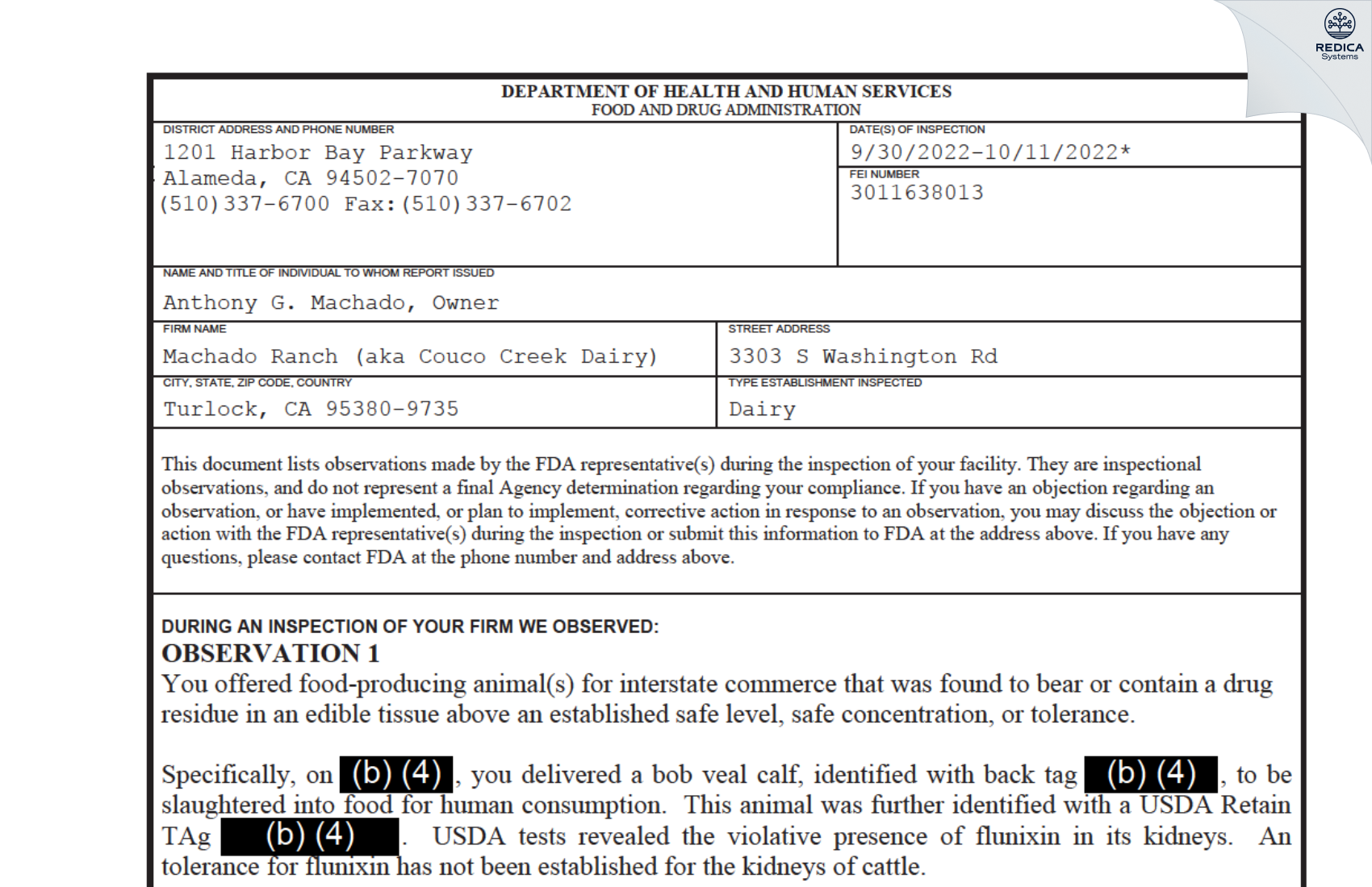 FDA 483 - Machado Ranch (aka Couco Creek Dairy) [Turlock / United States of America] - Download PDF - Redica Systems