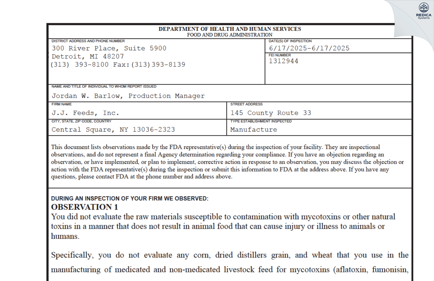 FDA 483 - J.J. Feeds, Inc. [Central Square / United States of America] - Download PDF - Redica Systems