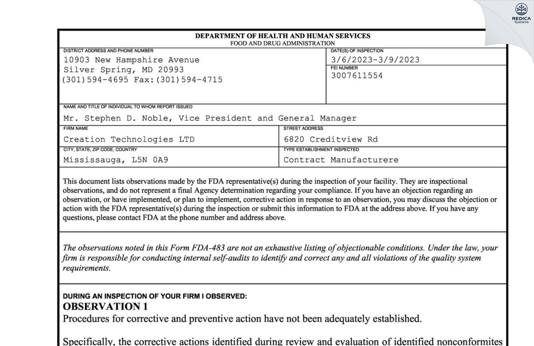 FDA 483 - Creation Technologies LTD [Mississauga / Canada] - Download PDF - Redica Systems
