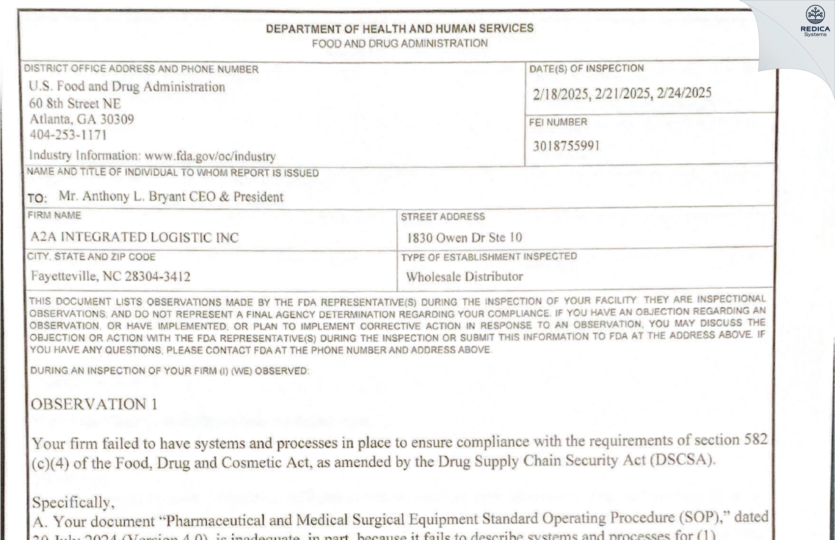 FDA 483 - A2A INTEGRATED LOGISTIC INC [Fayetteville / United States of America] - Download PDF - Redica Systems
