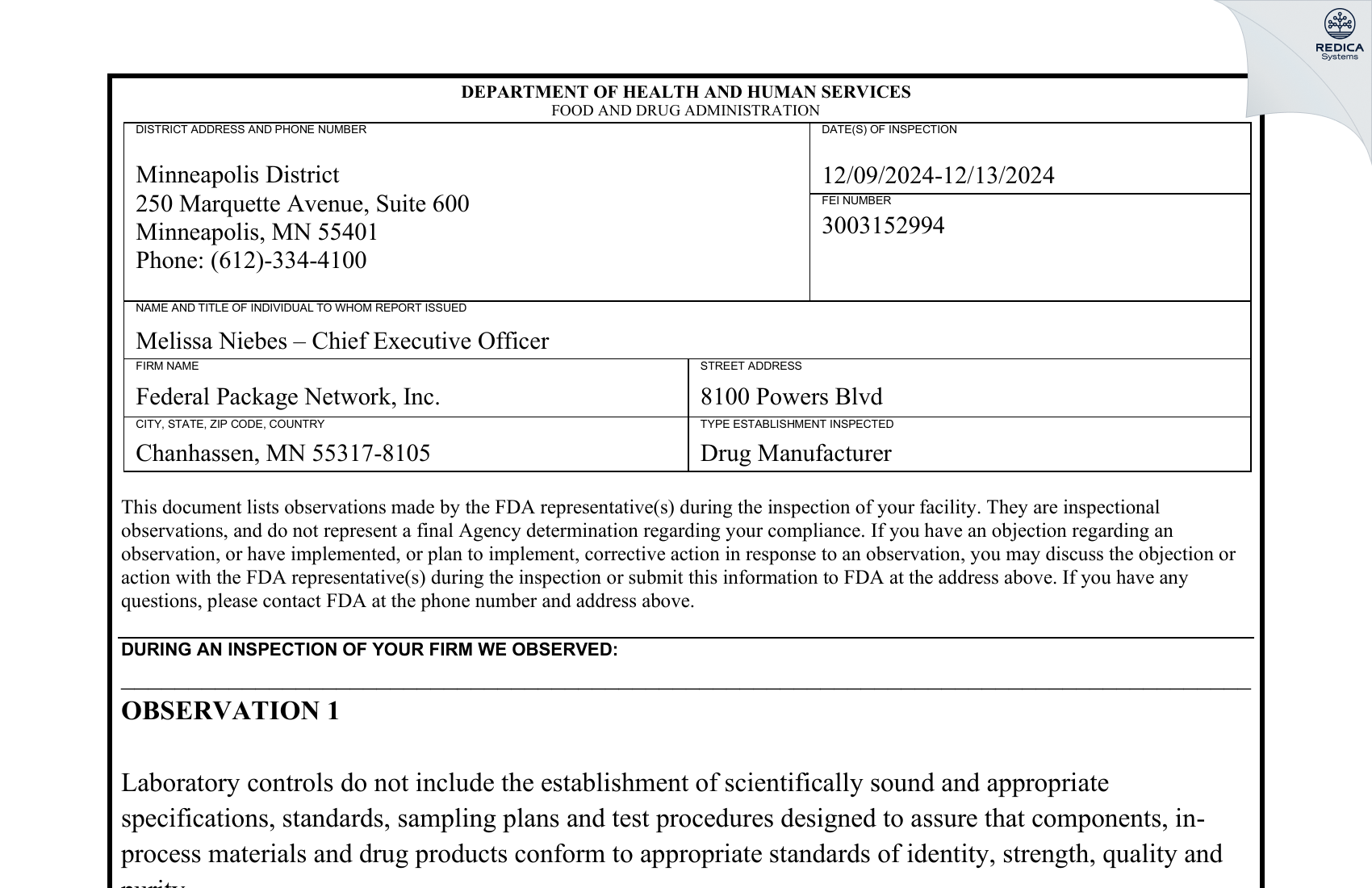 FDA 483 - Federal Package Network, Inc. [Chanhassen / United States of America] - Download PDF - Redica Systems