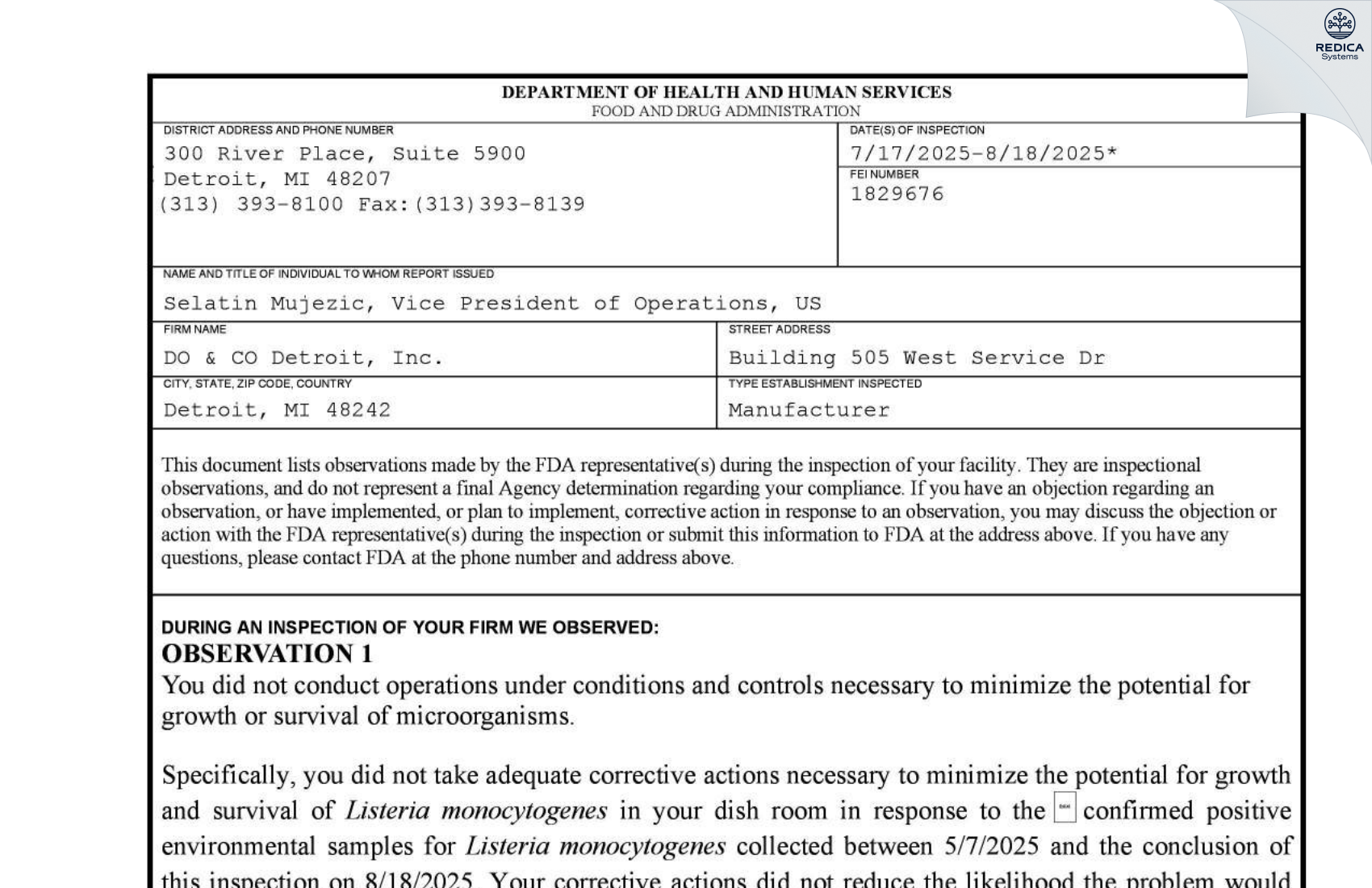 FDA 483 - DO & CO Detroit, Inc. [Detroit / United States of America] - Download PDF - Redica Systems