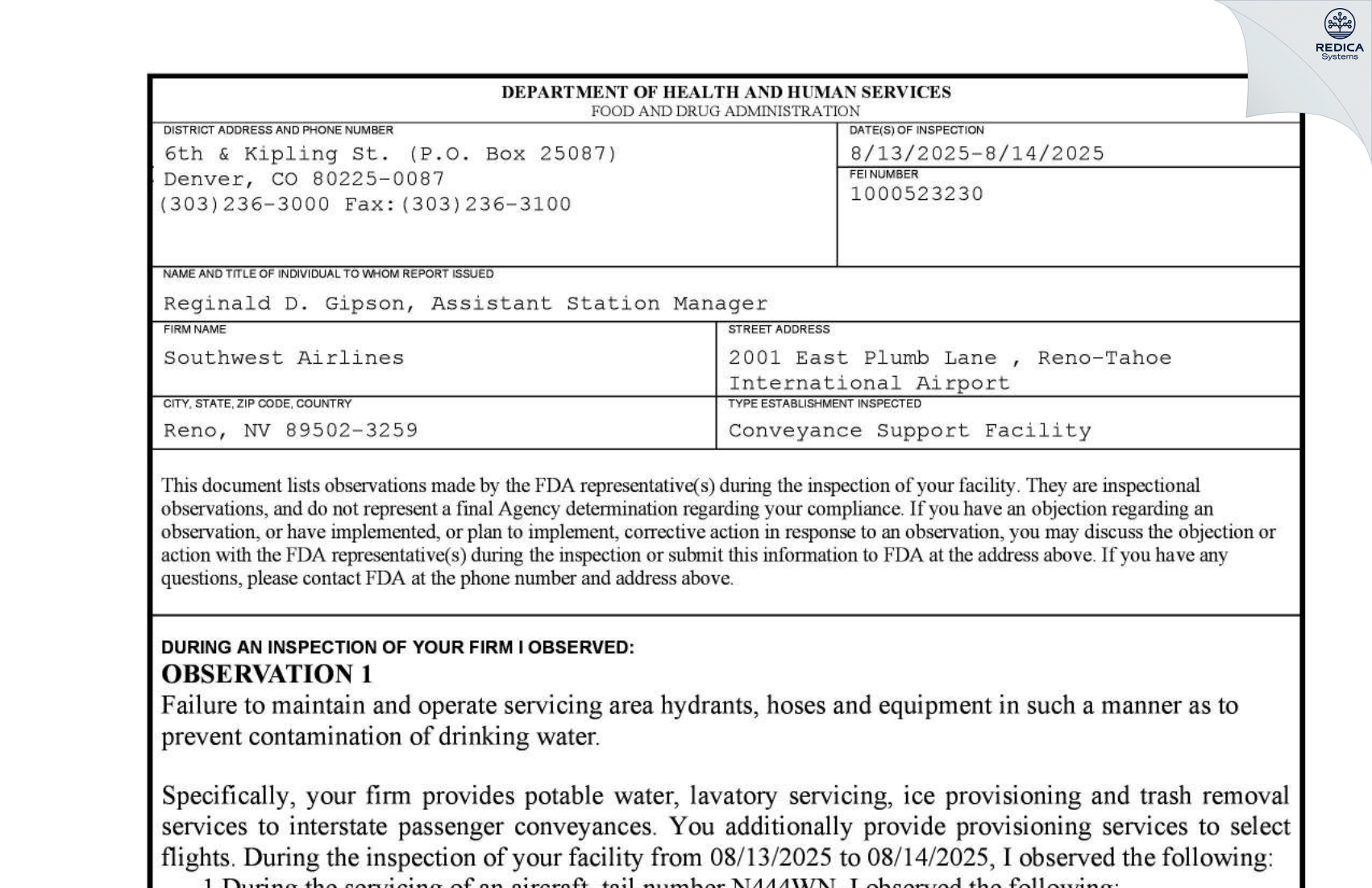 FDA 483 - Southwest Airlines [Reno / United States of America] - Download PDF - Redica Systems