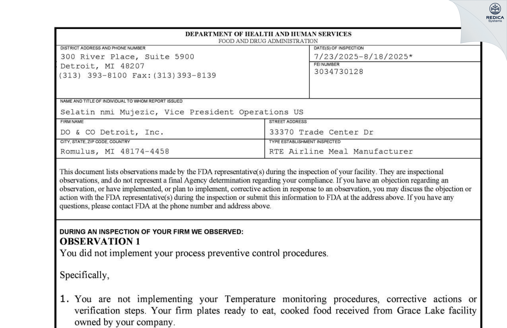 FDA 483 - DO & CO Detroit, Inc. [Romulus / United States of America] - Download PDF - Redica Systems