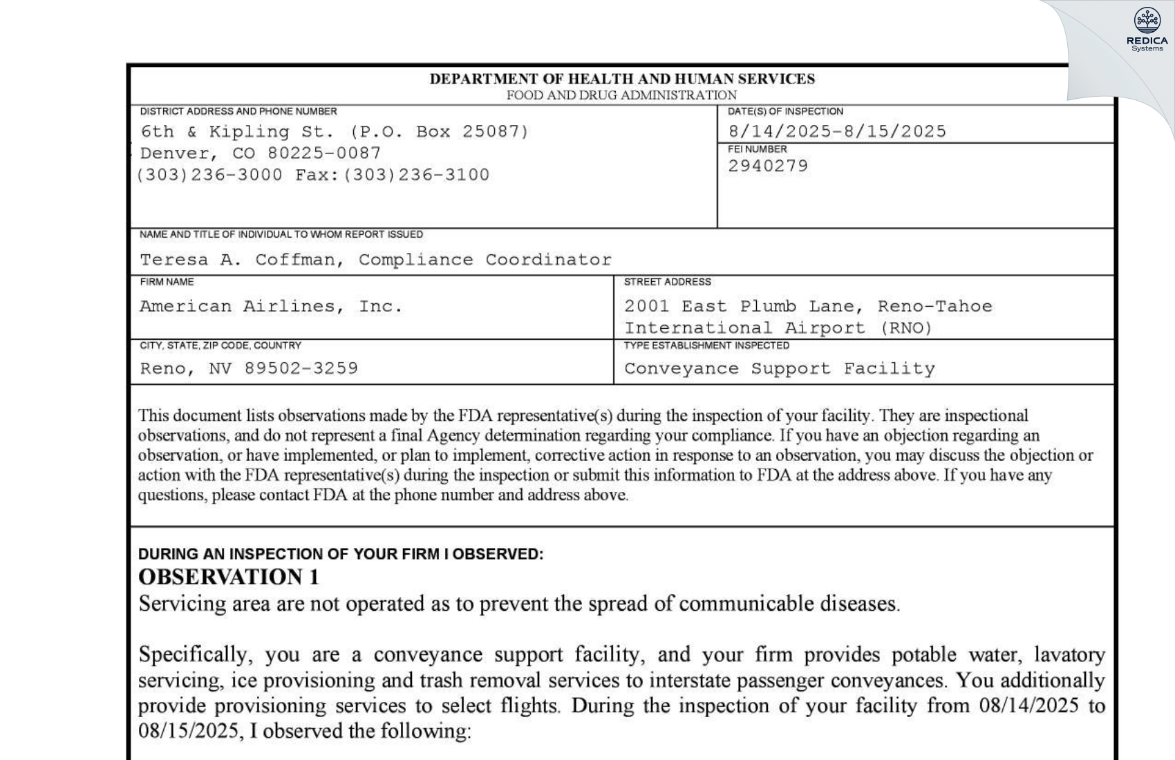 FDA 483 - American Airlines, Inc. [Reno / United States of America] - Download PDF - Redica Systems