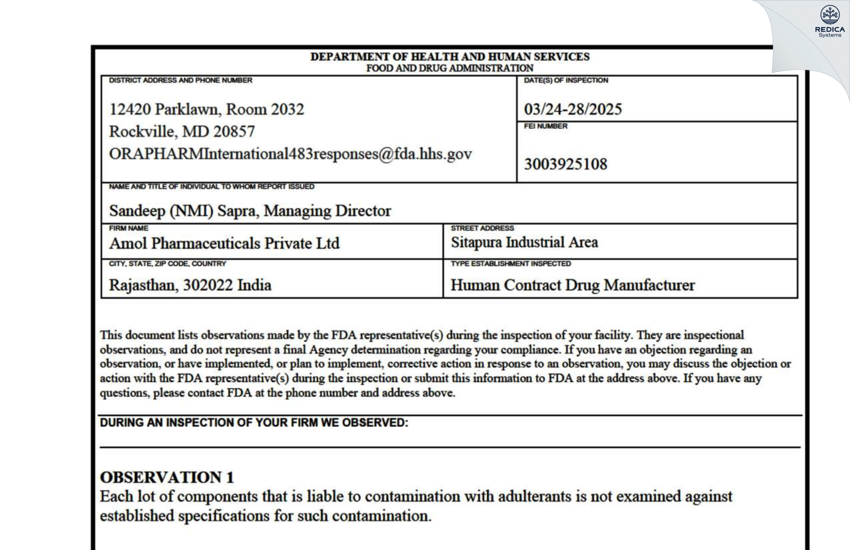 FDA 483 - AMOL PHARMACEUTICALS PRIVATE LIMITED [Jaipur / India] - Download PDF - Redica Systems