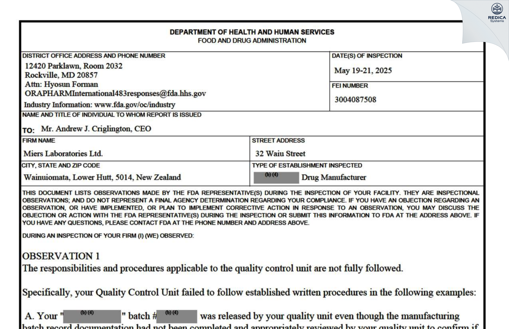 FDA 483 - Miers Laboratories Limited [Lower Hutt / New Zealand] - Download PDF - Redica Systems