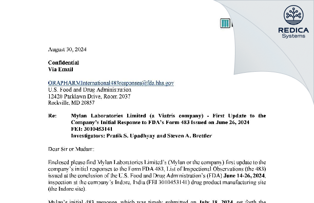 FDA 483 Response - Mylan Laboratories Limited [Dhar Sub-District / India] - Download PDF - Redica Systems