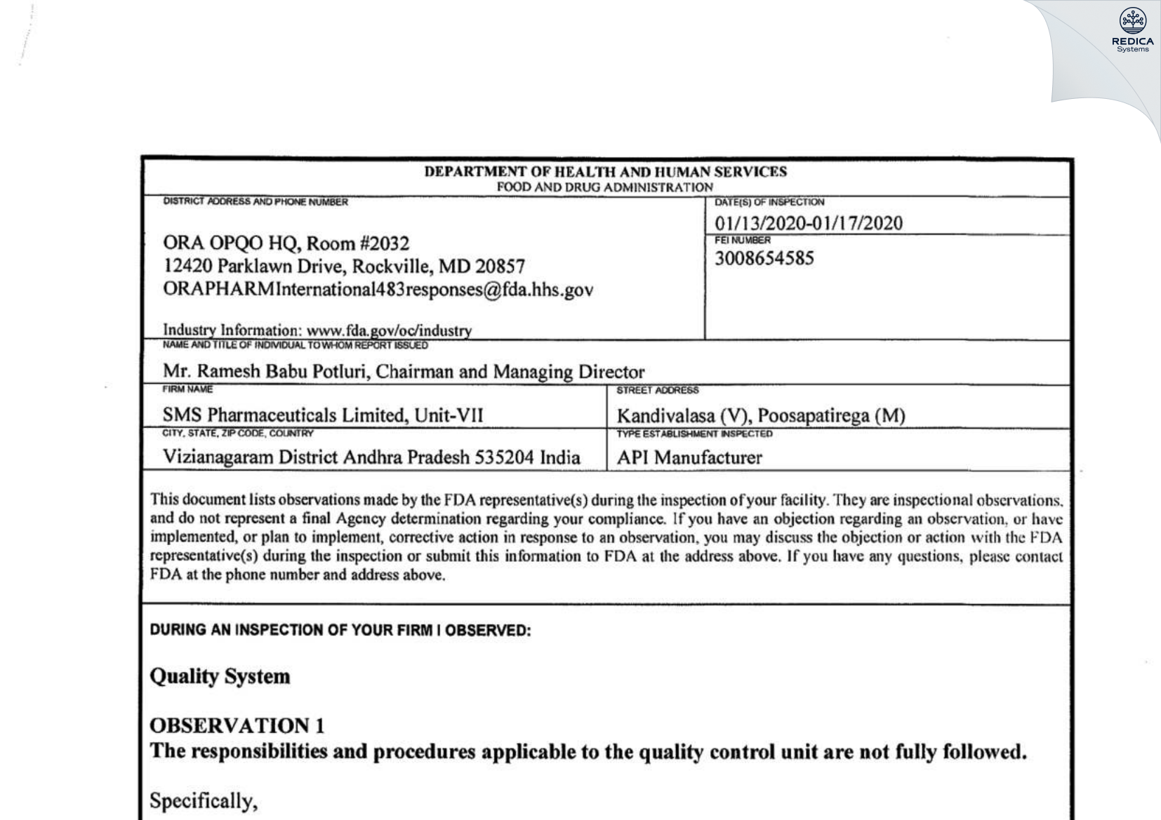 FDA 483 - SMS Pharmaceuticals Limited [Poosapatirega / India] - Download PDF - Redica Systems