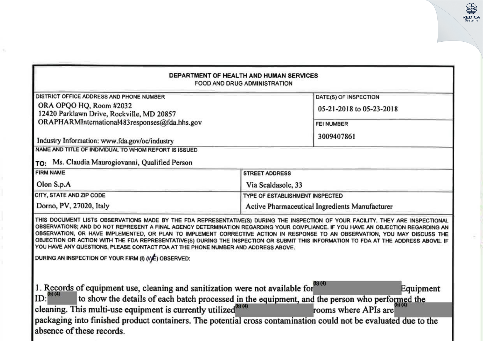FDA 483 - Olon SpA [Dorno / Italy] - Download PDF - Redica Systems