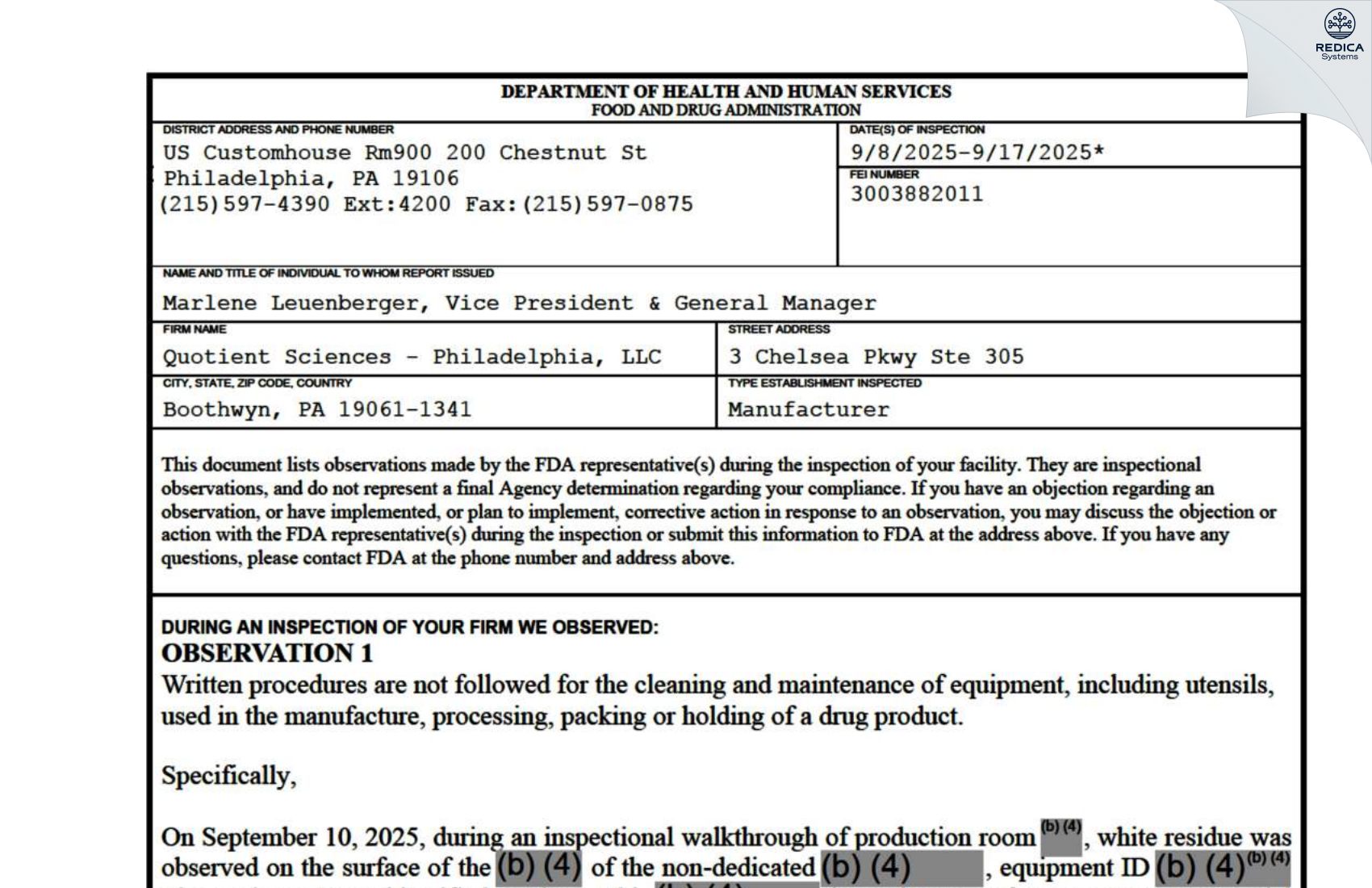 FDA 483 - Quotient Sciences - Philadelphia, LLC [Marcus Hook / United States of America] - Download PDF - Redica Systems