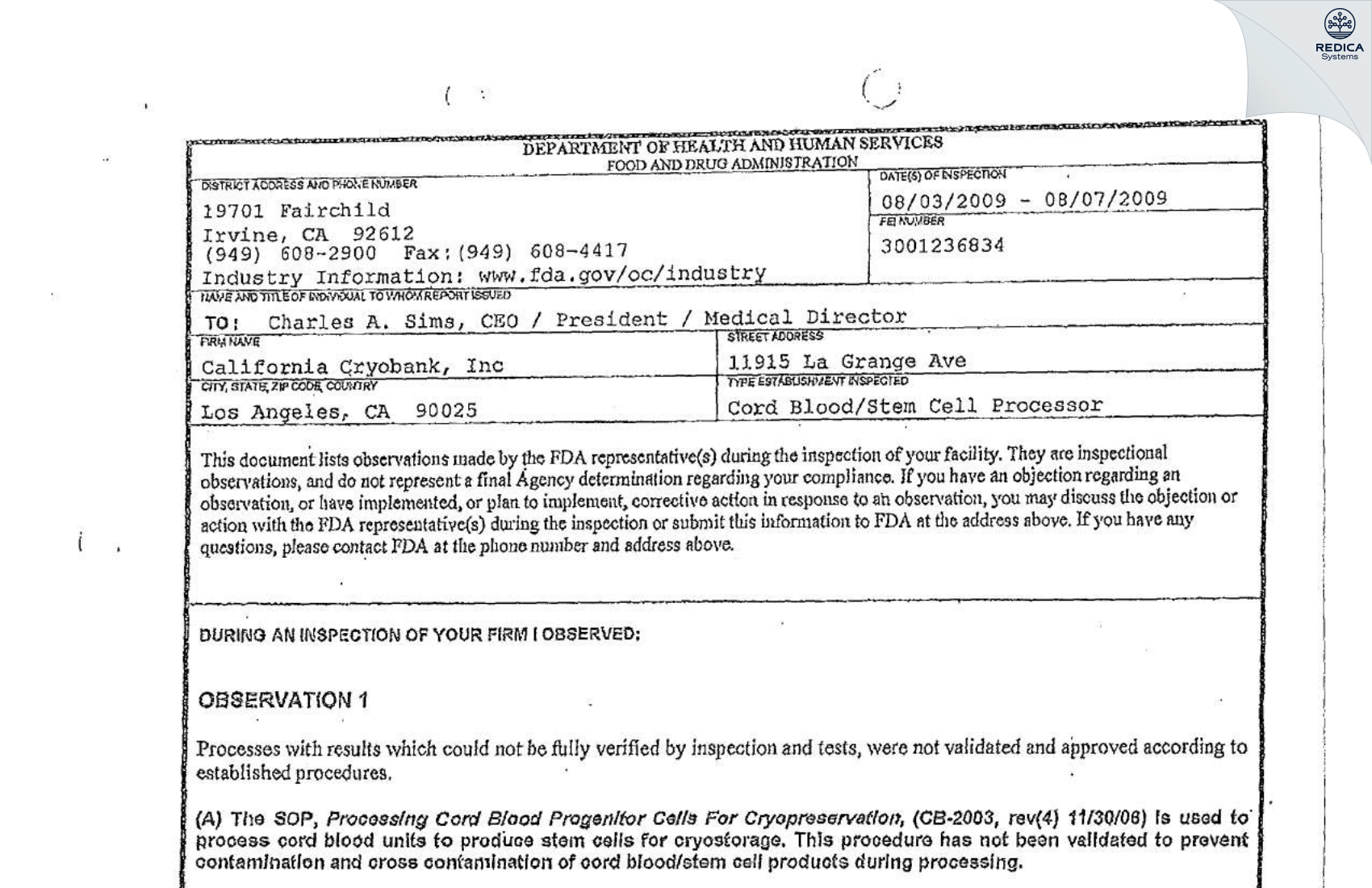 FDA 483 - California Cryobank Stem Cell Services, Inc [Los Angeles / United States of America] - Download PDF - Redica Systems