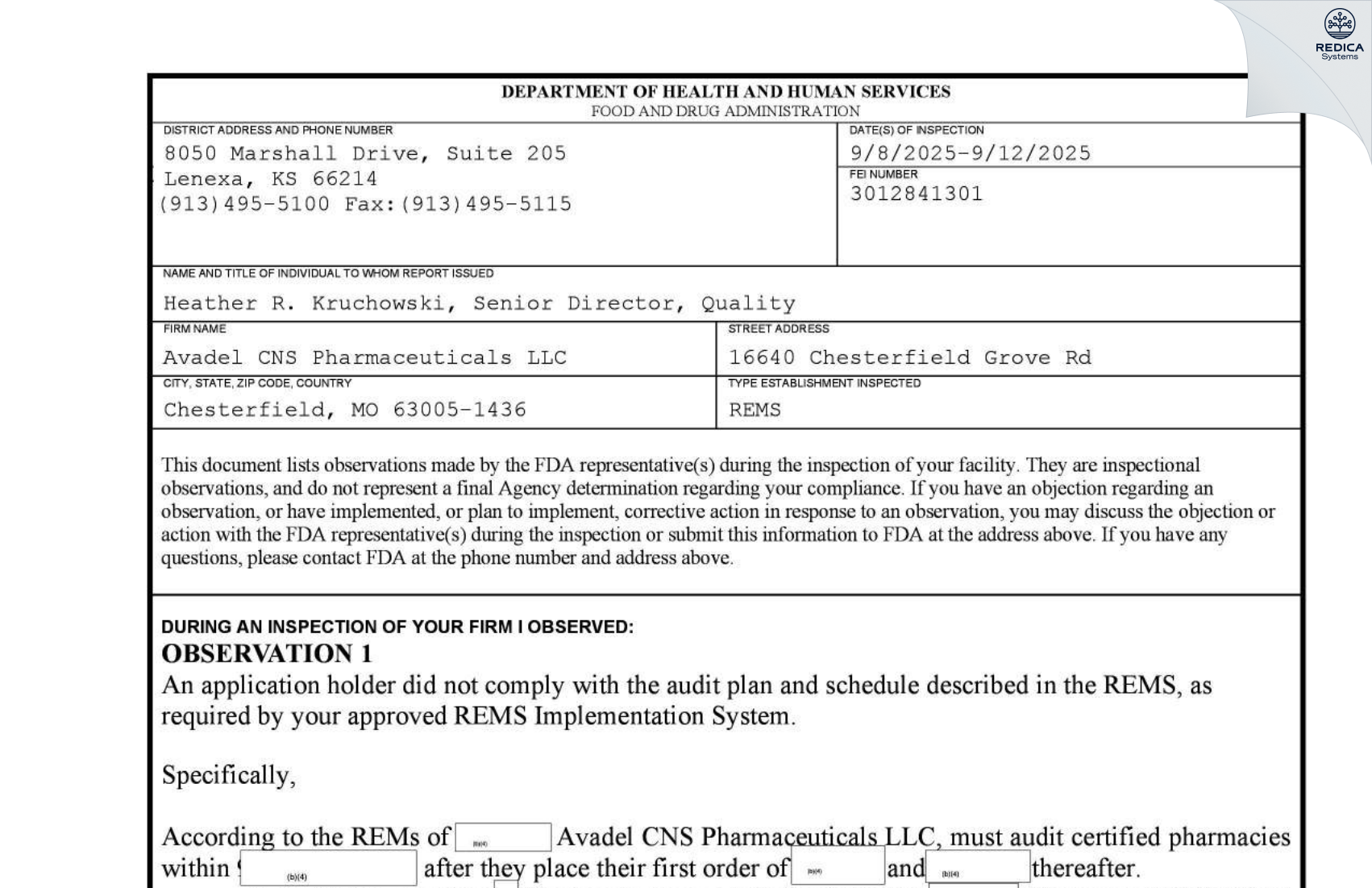 FDA 483 - Avadel CNS Pharmaceuticals, LLC [Chesterfield / United States of America] - Download PDF - Redica Systems
