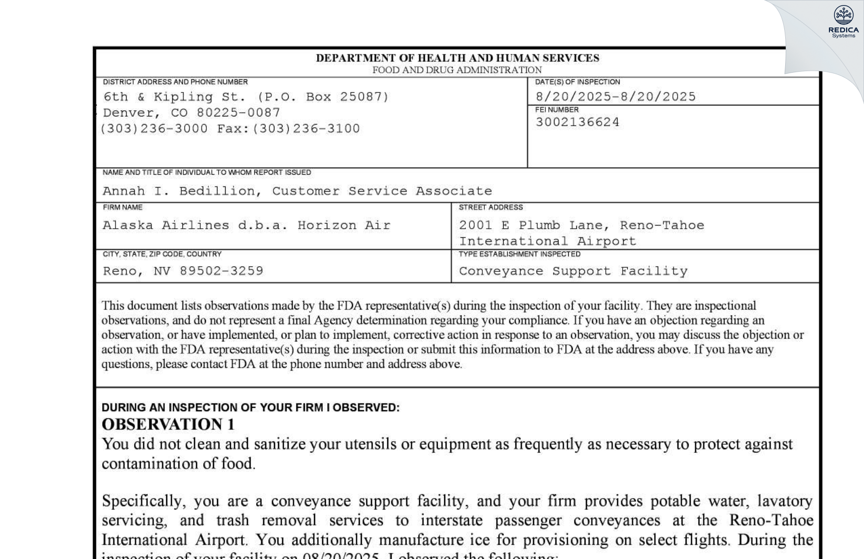 FDA 483 - Alaska Airlines d.b.a. Horizon Air [Reno / United States of America] - Download PDF - Redica Systems