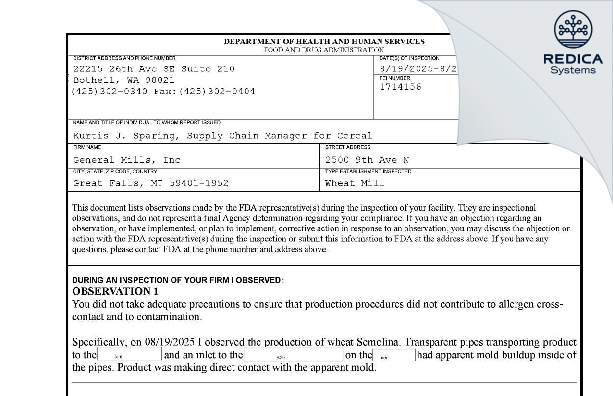 FDA 483 - General Mills Operations, Inc [Great Falls / United States of America] - Download PDF - Redica Systems
