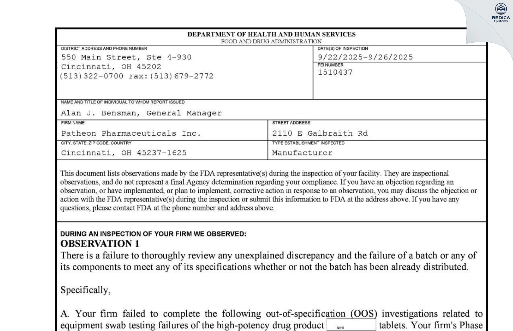 FDA 483 - Patheon Pharmaceuticals Inc. [Cincinnati / United States of America] - Download PDF - Redica Systems