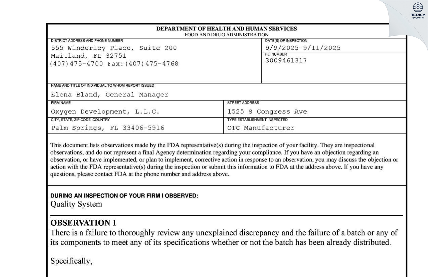 FDA 483 - OXYGEN DEVELOPMENT, L.L.C. [West Palm Beach / United States of America] - Download PDF - Redica Systems