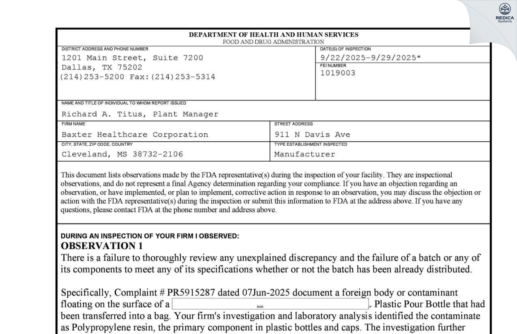 FDA 483 - Baxter Healthcare Corporation [Cleveland / United States of America] - Download PDF - Redica Systems