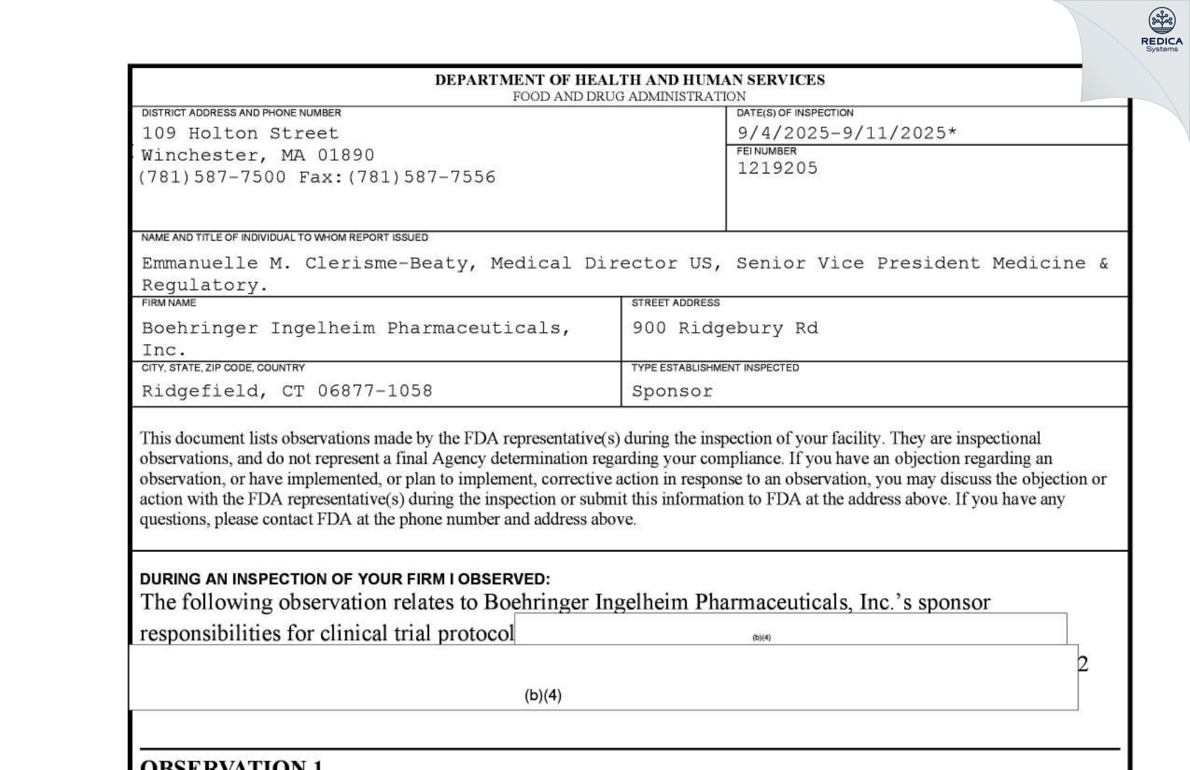 FDA 483 - Boehringer Ingelheim Pharmaceuticals, Inc. [Ridgefield / United States of America] - Download PDF - Redica Systems