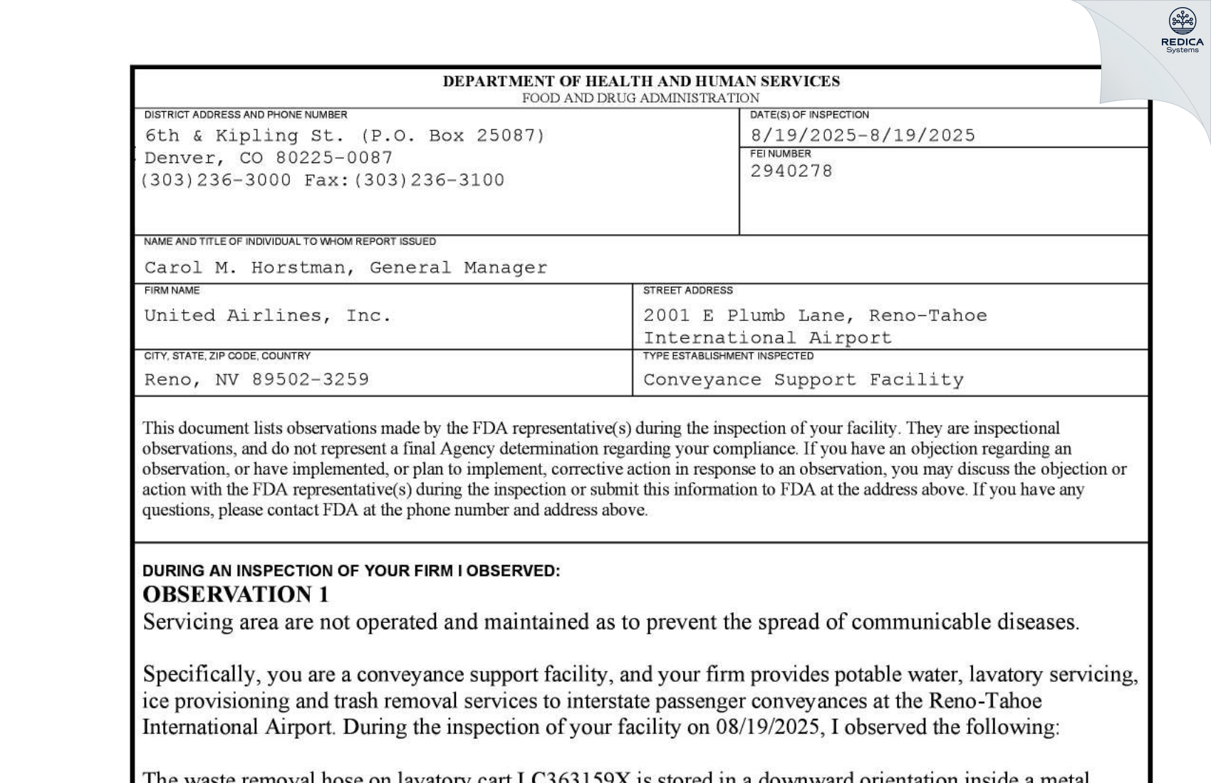 FDA 483 - United Airlines, Inc. [Reno / United States of America] - Download PDF - Redica Systems