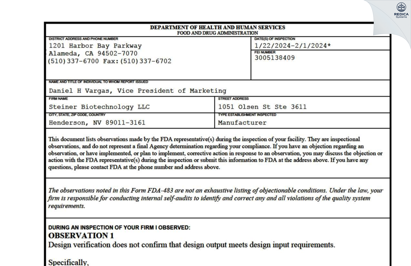 FDA 483 - Steiner Biotechnology LLC [Henderson / United States of America] - Download PDF - Redica Systems