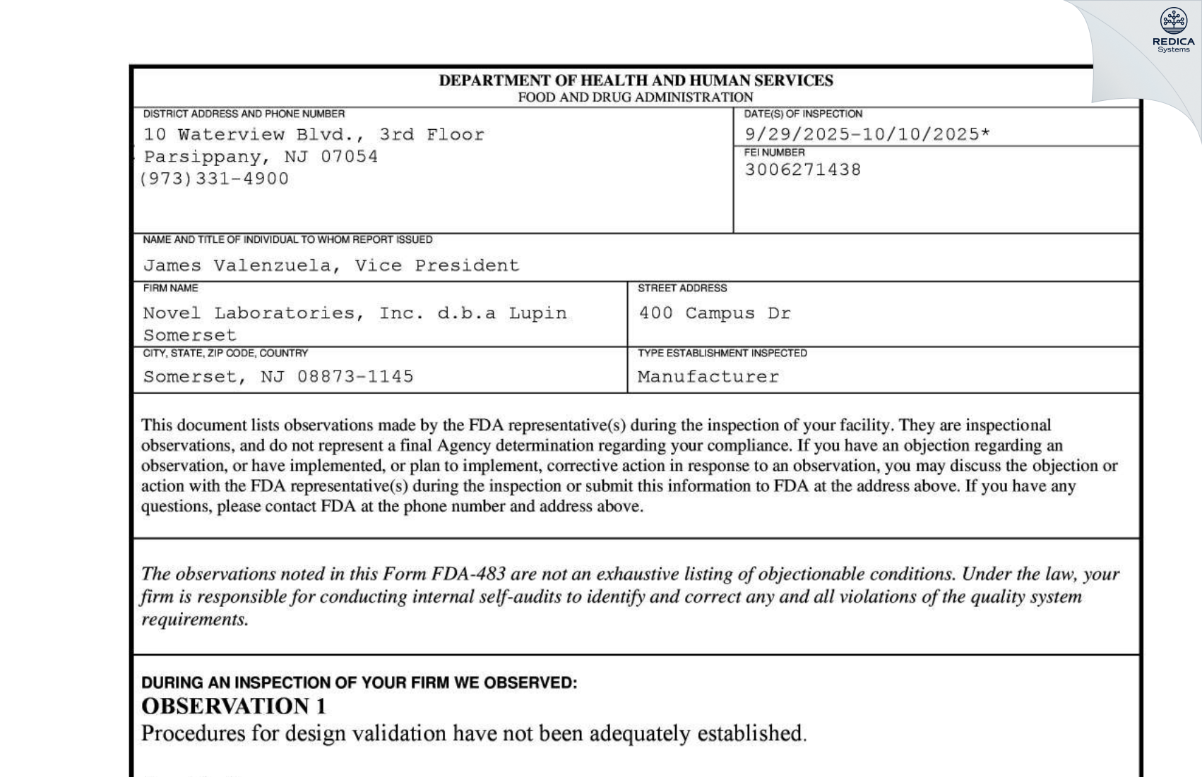 FDA 483 - Novel Laboratories, Inc. [Somerset / United States of America] - Download PDF - Redica Systems
