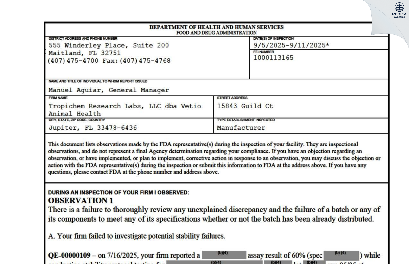 FDA 483 - Tropichem Research Labs, LLC dba Vetio [Jupiter / United States of America] - Download PDF - Redica Systems