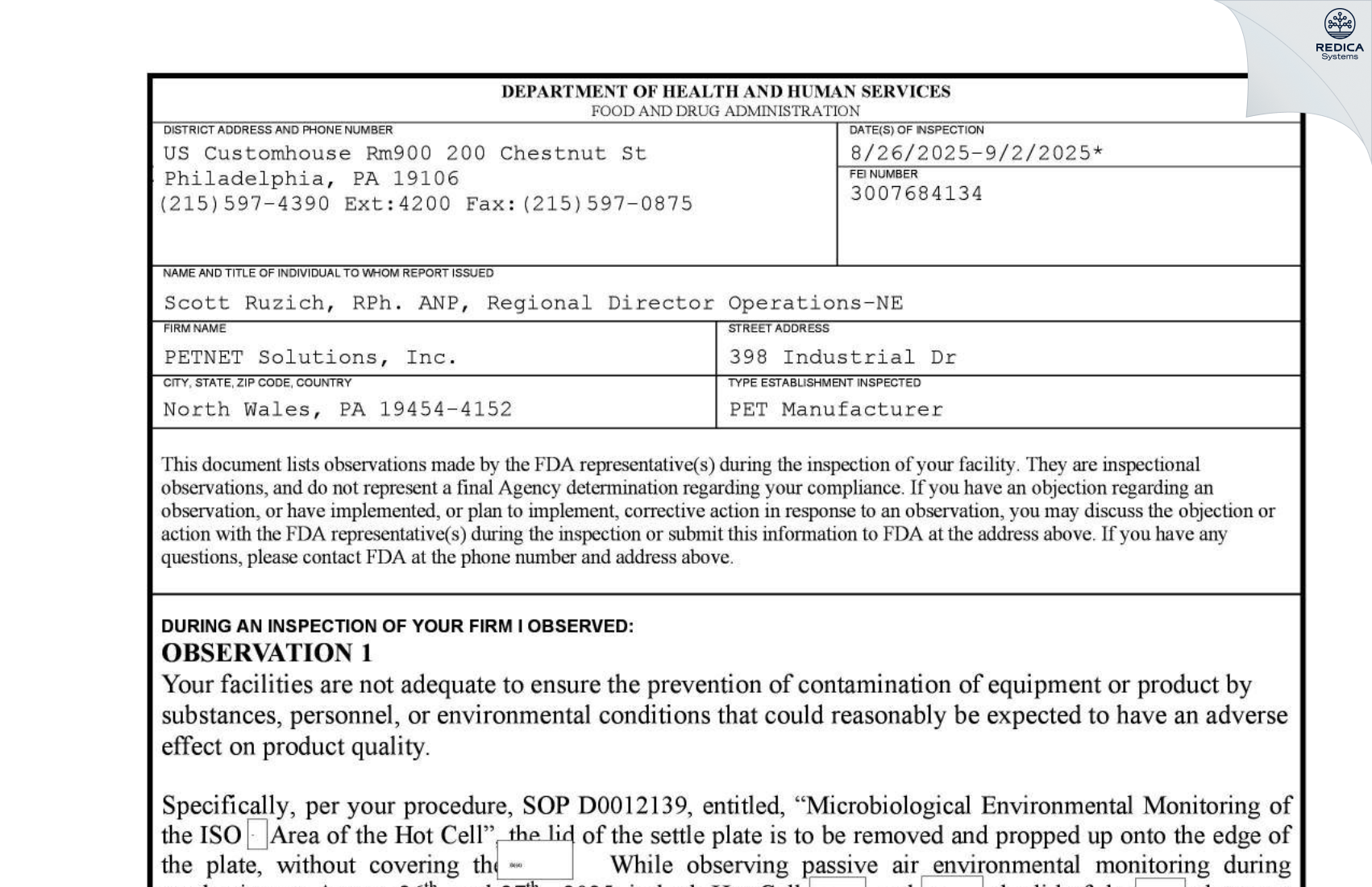 FDA 483 - PETNET SOLUTIONS, INC. [North Wales / United States of America] - Download PDF - Redica Systems